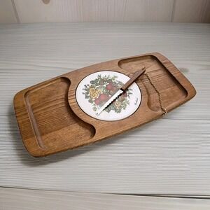 Vintage Goodwood Cheese & Cracker Wood Bread board Tray With Trivet And Knife